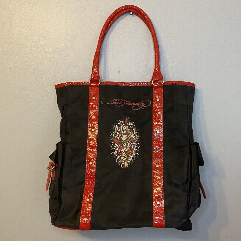 Ed Hardy Nylon Red and Black Mermaid Shoulder Tote Bag